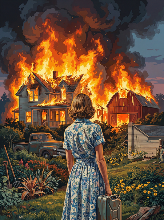 Woman Watching House Fire (100 Color Diamond Painting)