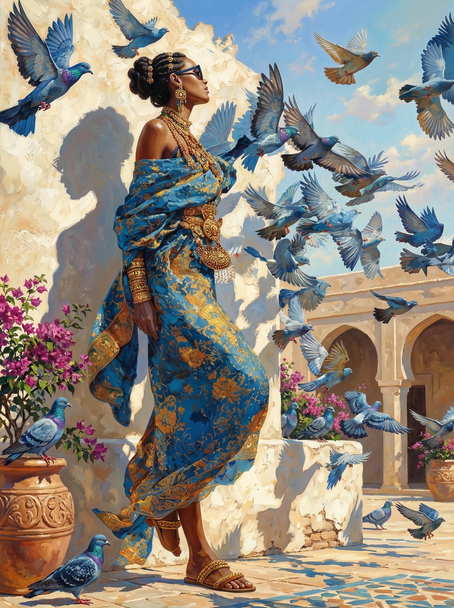 Woman With Flying Blue Birds (100 Color Diamond Painting)