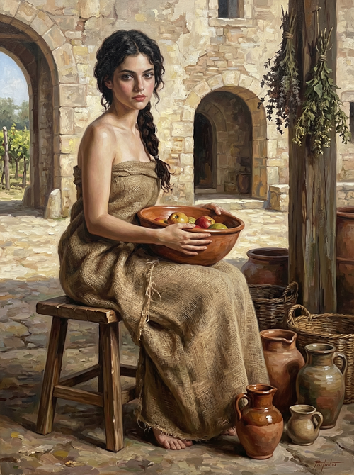 Woman With Fruit Ancient Courtyard (100 Color Diamond Painting) Diamond Painting kit