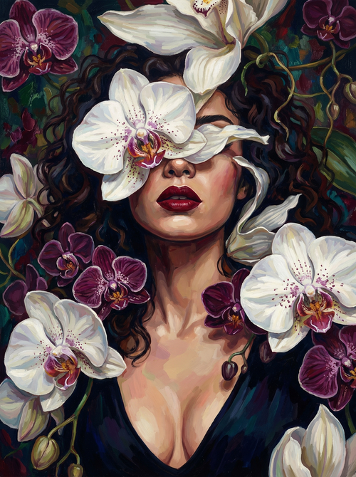 Woman With Large White Lilies (100 Color Diamond Painting)