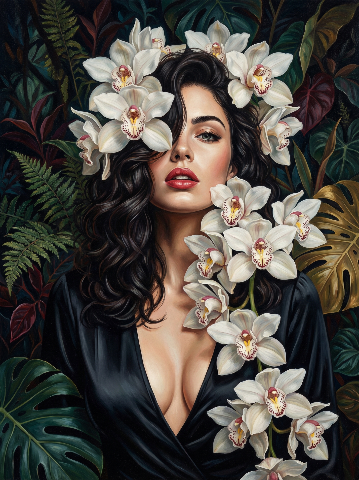 Woman With Mixed Orchids (100 Color Diamond Painting) Diamond Painting kit