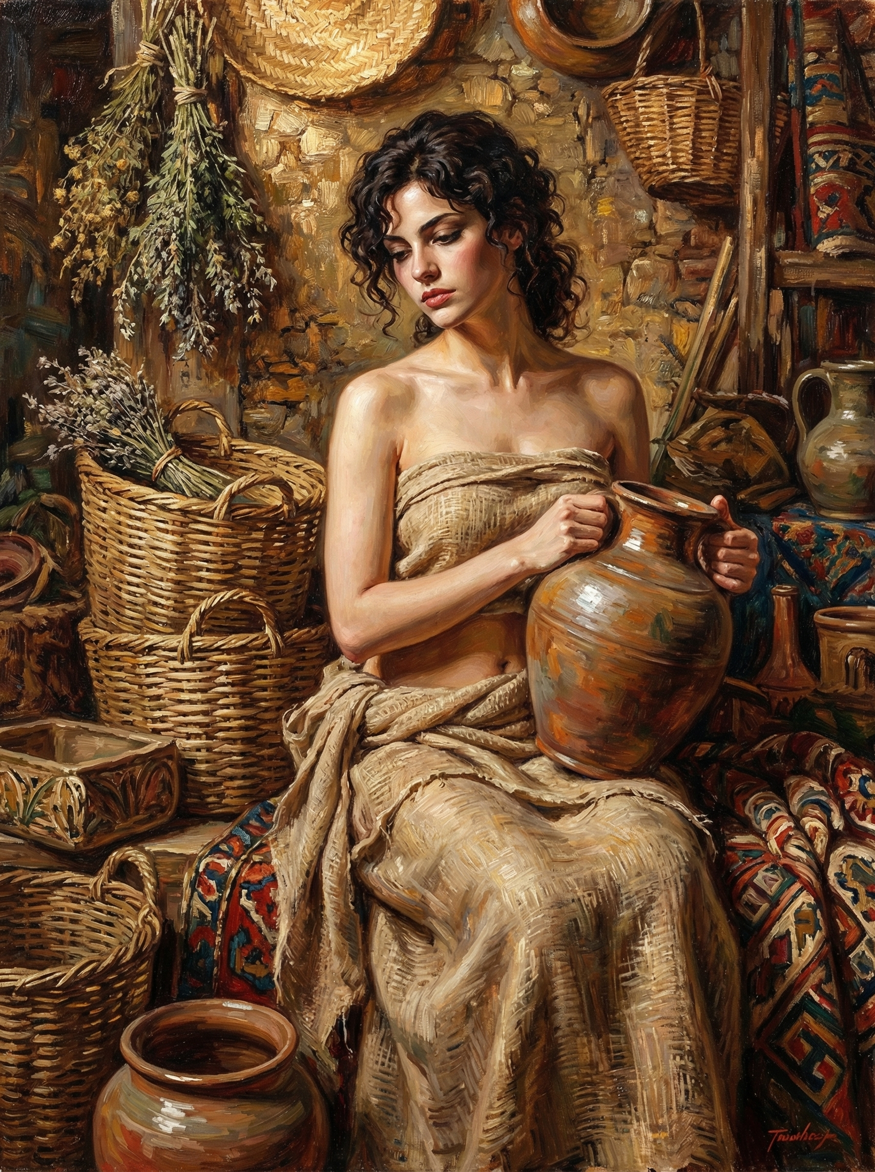 Woman With Pottery Rustic Studio (100 Color Diamond Painting) Diamond Painting kit