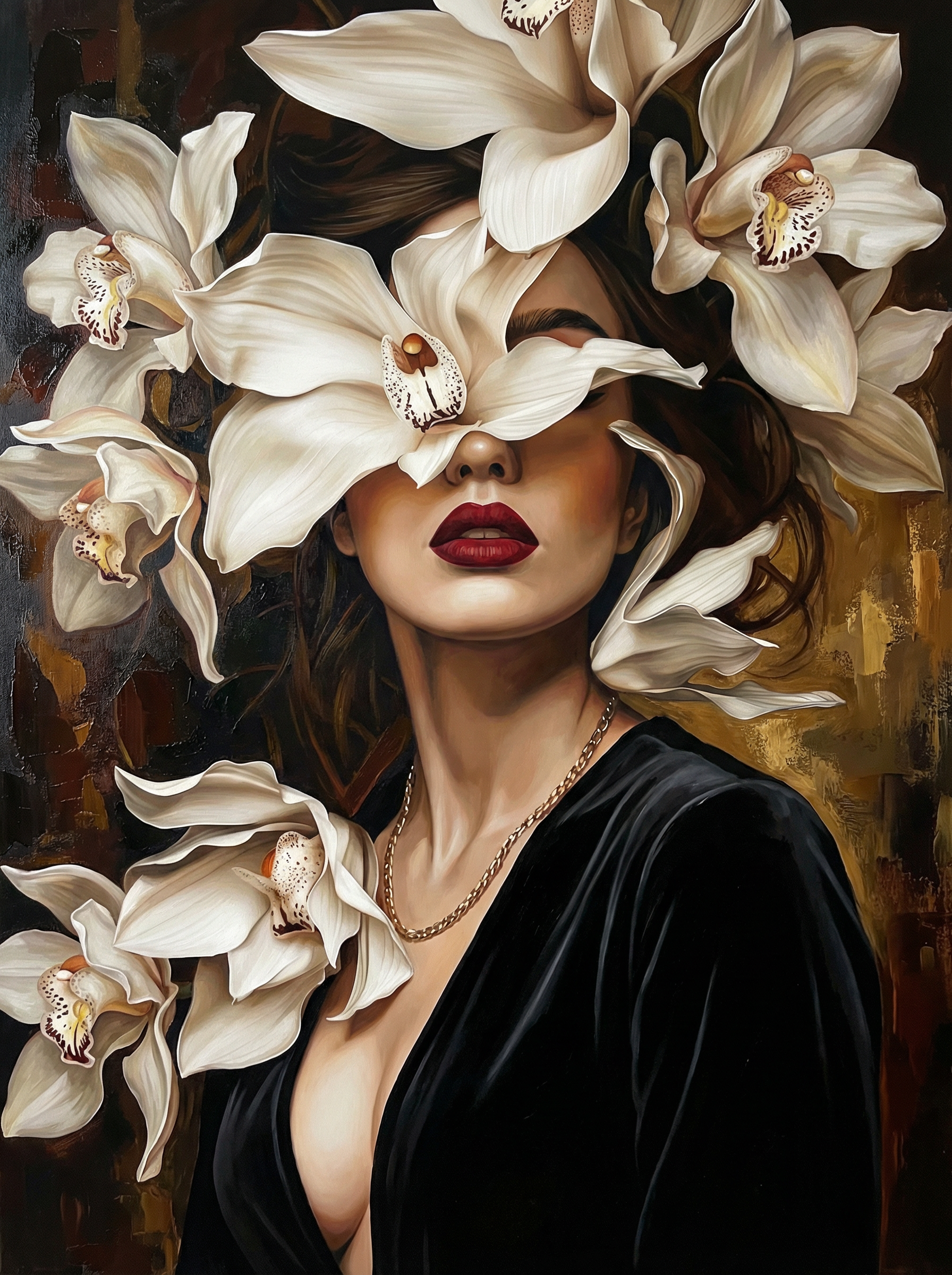 Woman With Speckled Orchids (100 Color Diamond Painting)