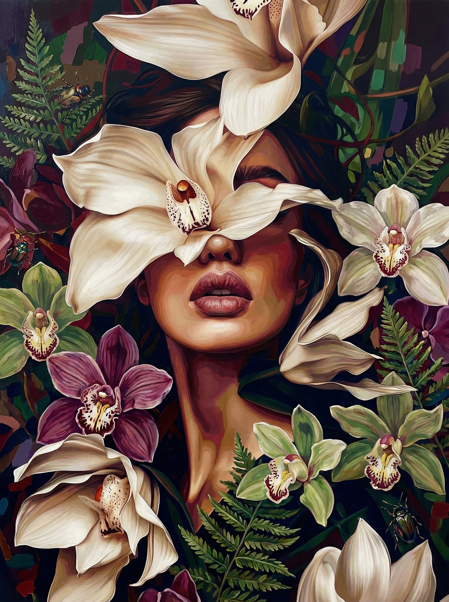 Woman With White Orchids (100 Color Diamond Painting)