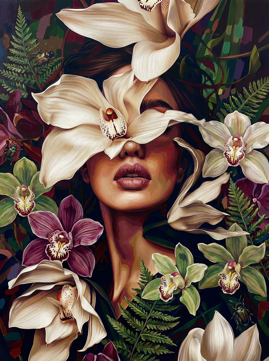 Woman With White Orchids (100 Color Diamond Painting)
