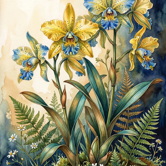 Yellow Orchid Fern Watercolor (Diamond Painting)