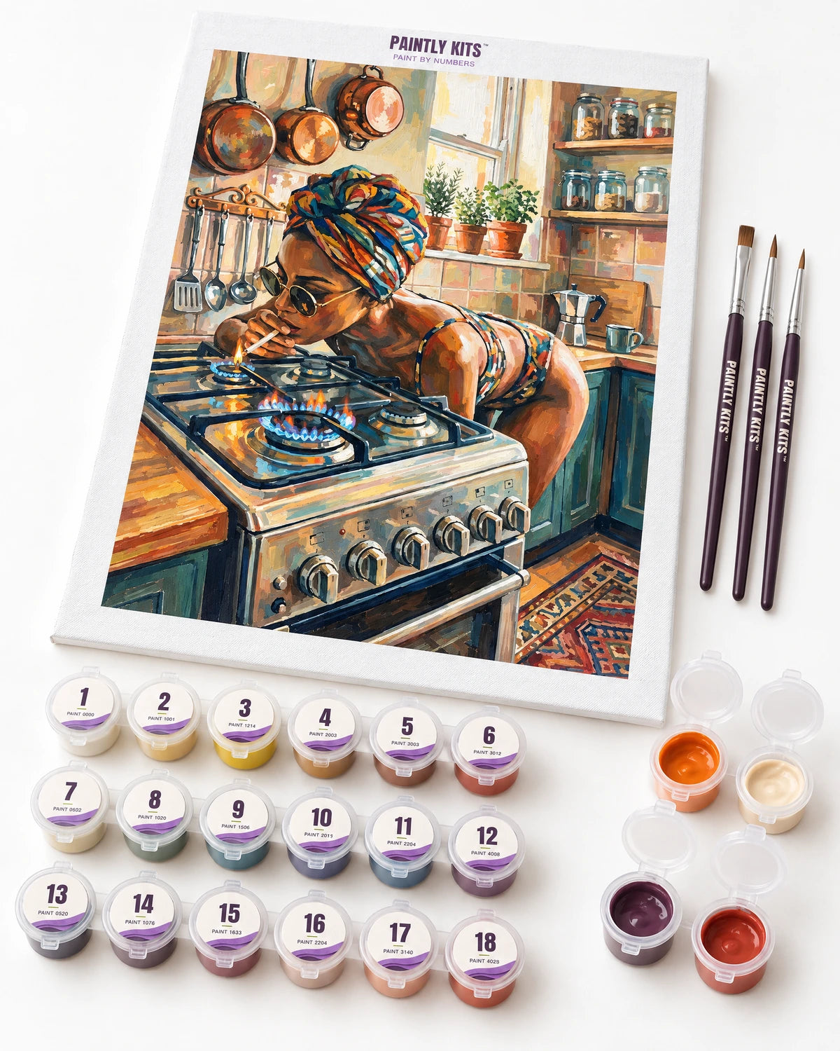 Kitchen Flame Rebel fully painted Paintly canvas with neatly arranged flip-top paint pots and loose brushes